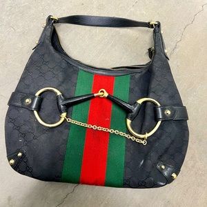 Gucci Monogram Large Horsebit Web Hobo Black